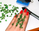 Raw green gemstones on hand during gemstone selection and sourcing process for bespoke fine jewelry creation